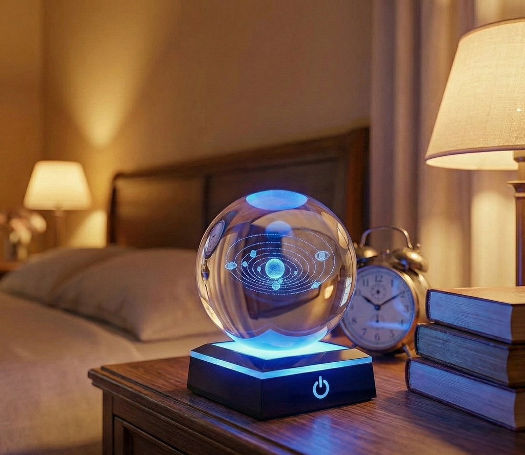 Sphère en verre transparente système solaire 3D + base LED